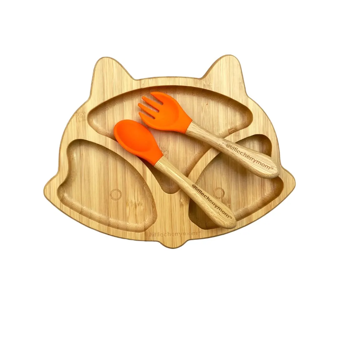 Littlecherrymom Fox Bamboo Suction Plate (With Fork And Spoon) | Grocsy