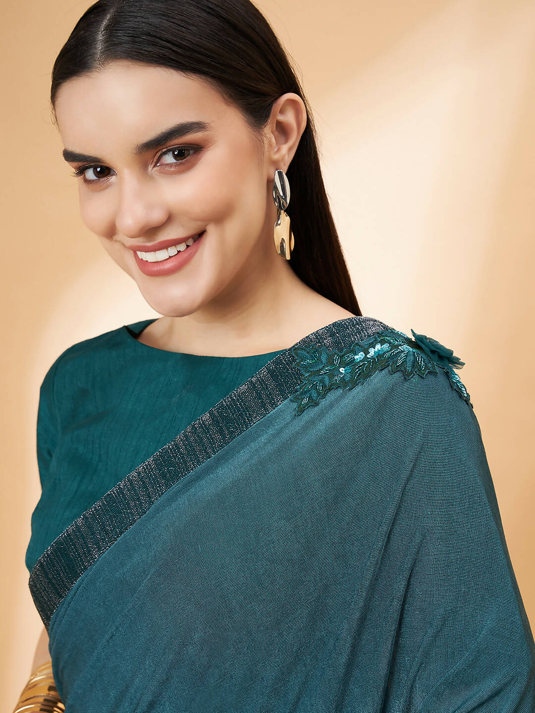 Green Lycra Flock Work, Seuqins Embroidery, Handwork Shoulder Butta Saree - Norita Hit Design | Grocsy