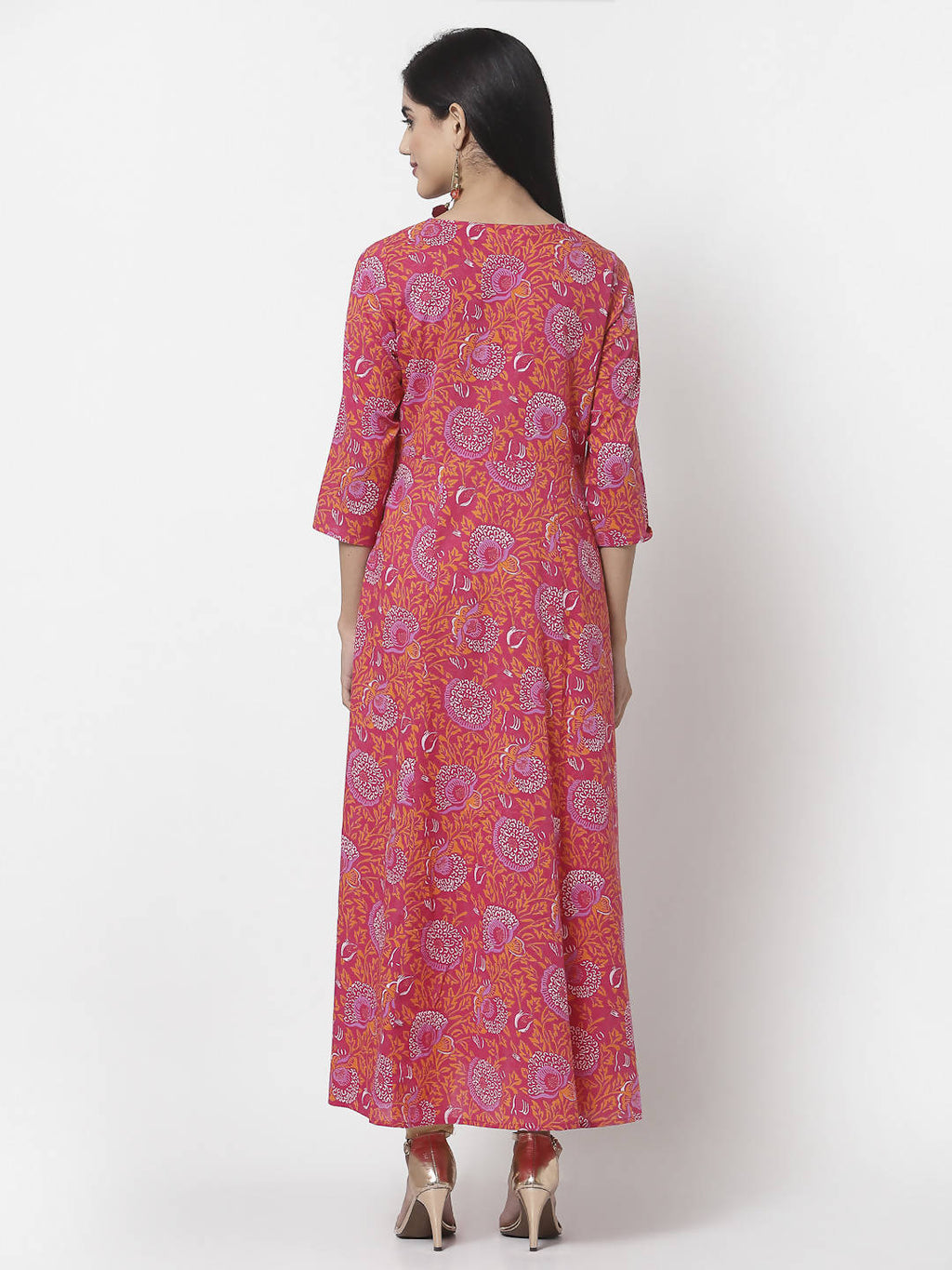 Myshka Women's Pure Red Color Cotton Round Neck Printed 3/4 Sleeve Dress | Grocsy