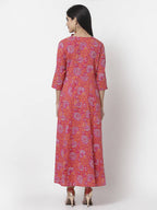 Myshka Women's Pure Red Color Cotton Round Neck Printed 3/4 Sleeve Dress | Grocsy