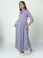 Manet Three Fourth Maternity Dress White Dot Print With Concealed Zipper Nursing Access - Blue | Grocsy