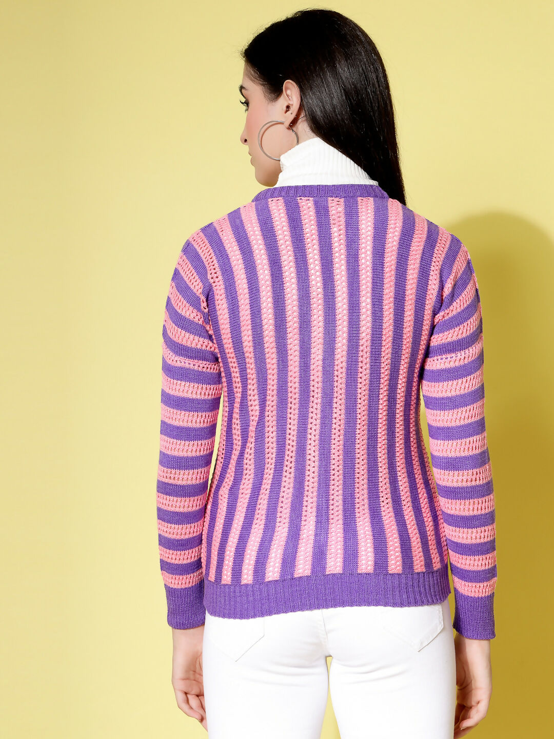 Women Violet Acrylic Stripe Cardigan - Wool Trees | Grocsy