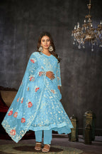 Jyoti Fashion Women's Sky Blue Net Embroidered Anarkali Kurta Pant Set With Dupatta | Grocsy