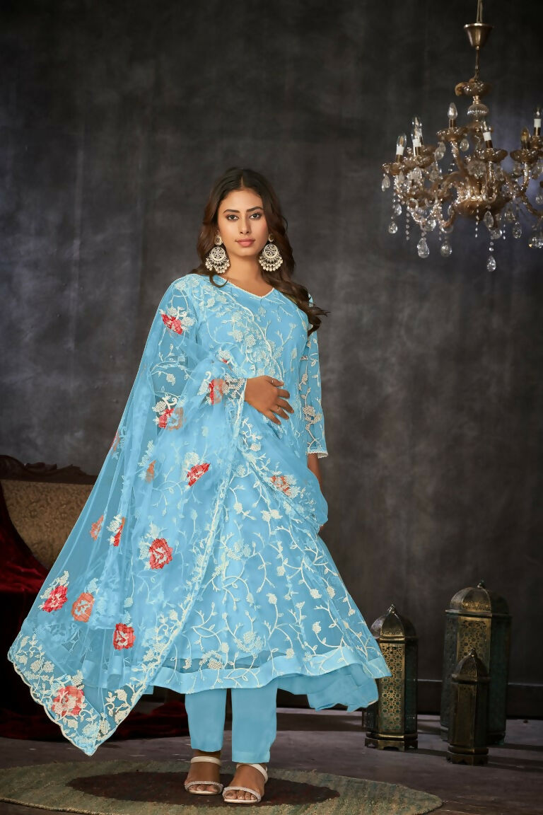 Jyoti Fashion Women's Sky Blue Net Embroidered Anarkali Kurta Pant Set With Dupatta | Grocsy