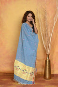 Very Much Indian Handloom Pure Cotton Paithani Dupatta - Powder Blue | Grocsy