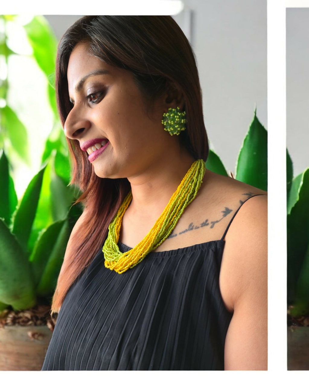 Inhanns Vibrant Handmade 20 Layers Beaded Necklace With Matching Earrings - Yellow & Green | Grocsy