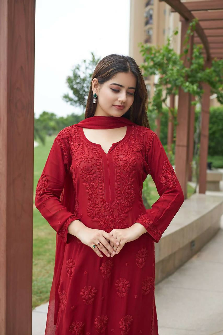 Joban Fashion Red Georgette Embroidery Sequence Work Readymade Kurta Set | Grocsy