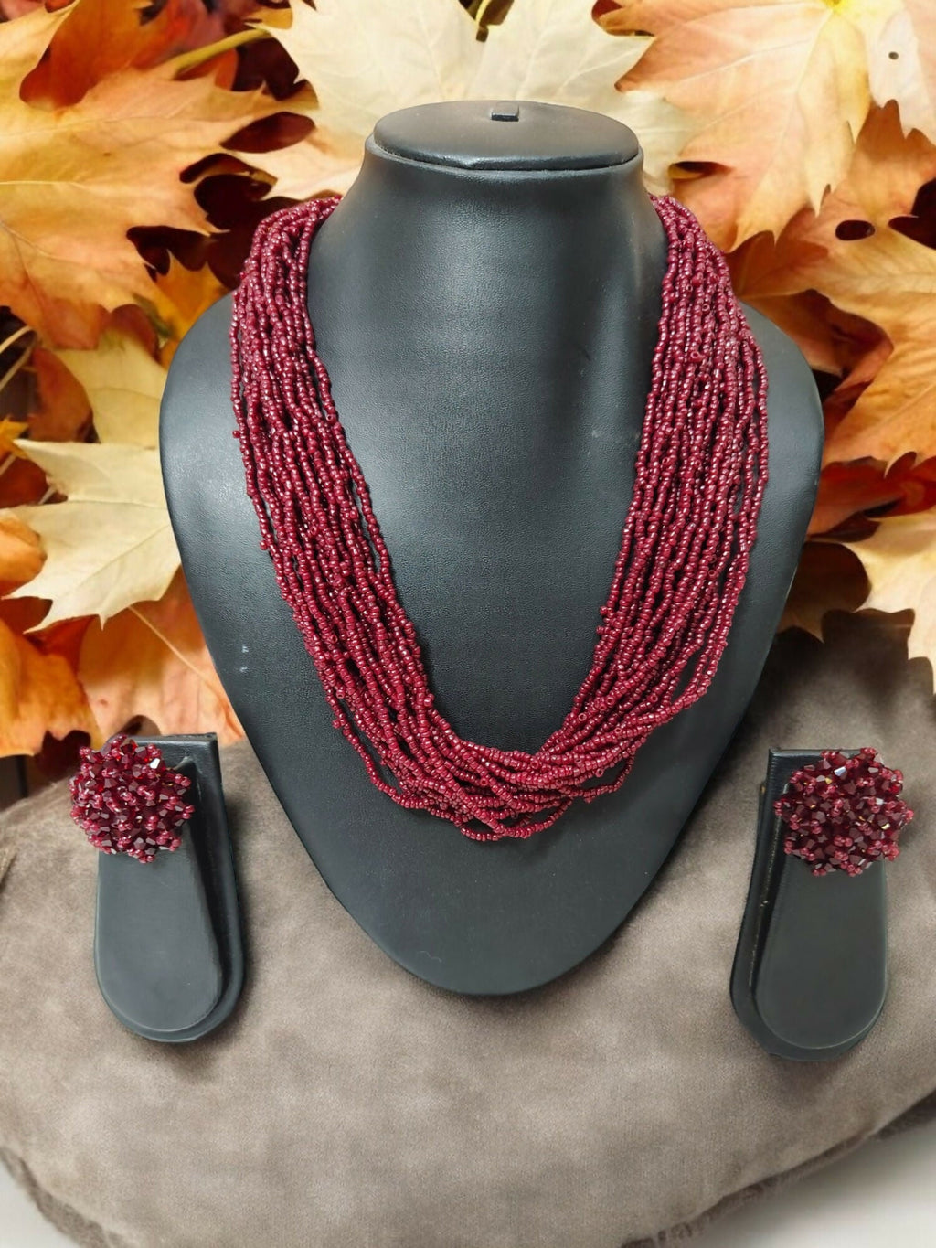 Inhanns Vibrant Handmade 20 Layers Beaded Necklace With Matching Earrings - Maroon | Grocsy