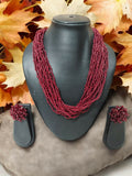 Inhanns Vibrant Handmade 20 Layers Beaded Necklace With Matching Earrings - Maroon | Grocsy