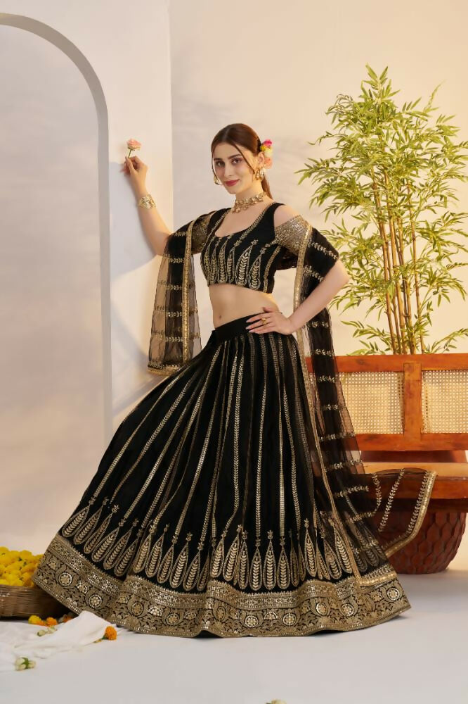 Aastha Fashion Black Butterfly Net Zari Work And Cotton Thread Work And Sequence Work Embroidery Wedding Wear Lehenga Choli | Grocsy