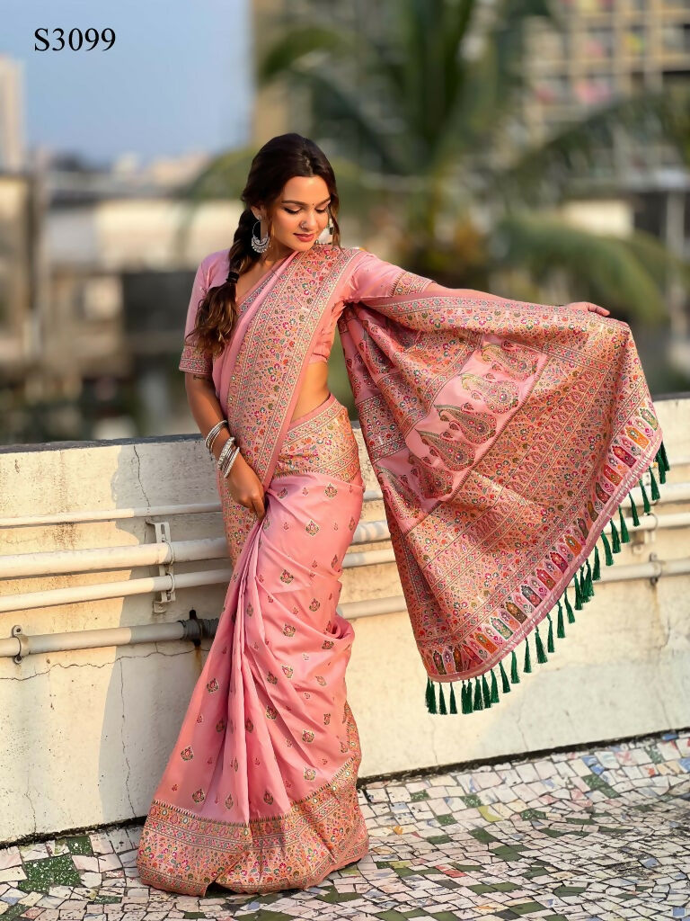 Pink Pashmina Silk Wevon Kashmiri Meenakari Designer Saree with Unstitched Blouse - Vandini | Grocsy