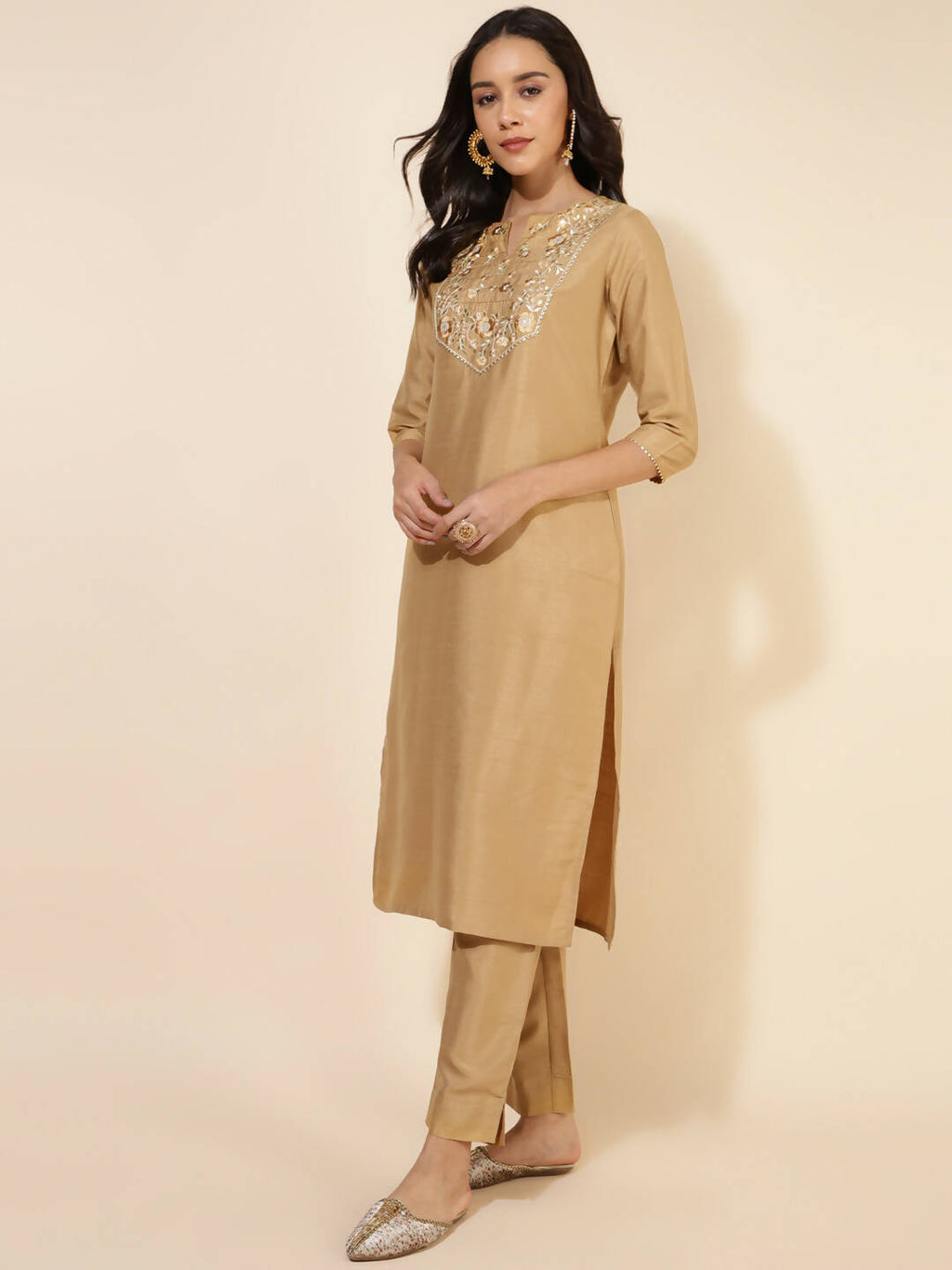 Janasya Women's Gold Crepe Silk Yoke Embroidery Festive Straight Kurta Set | Grocsy