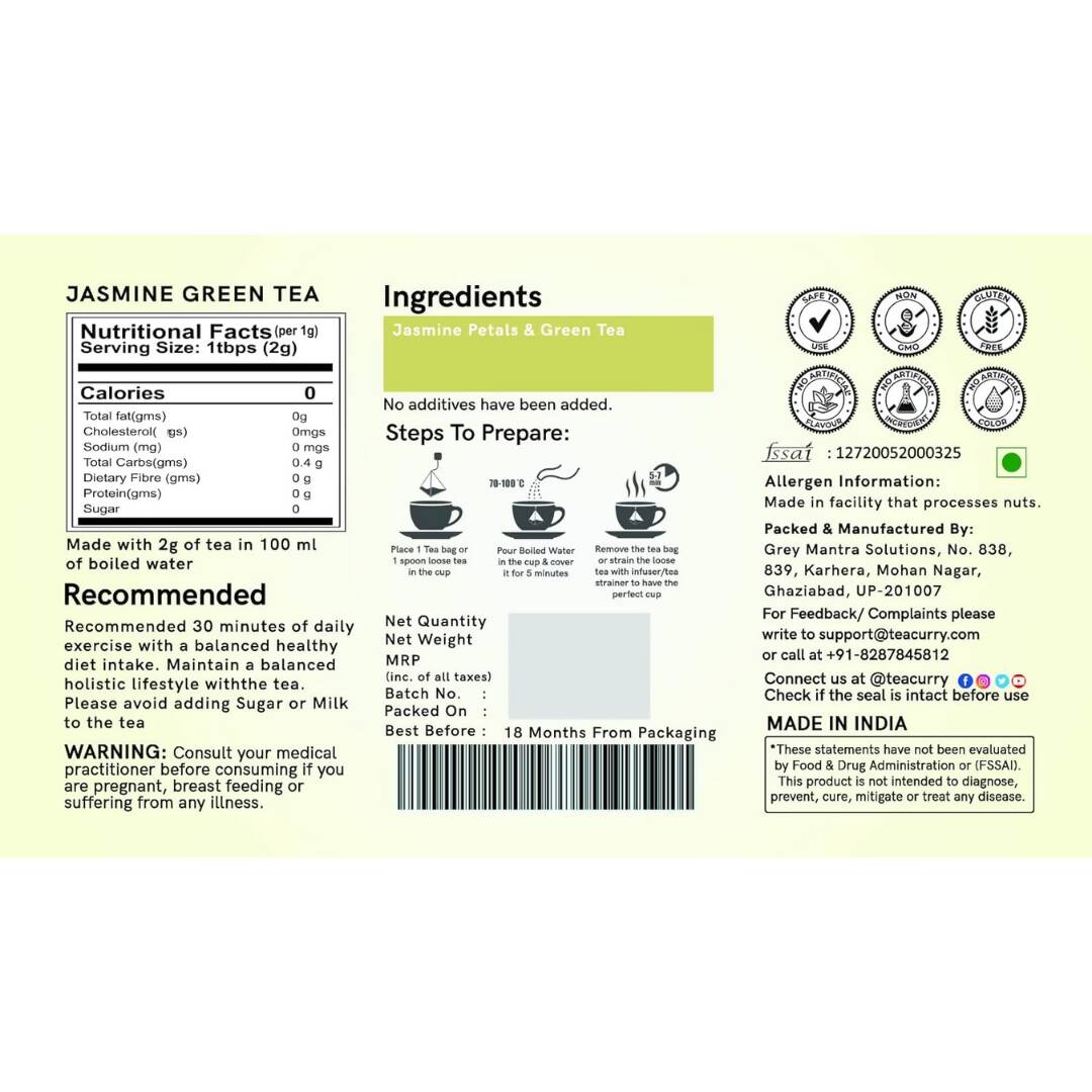 Teacurry Jasmine Green Tea Bags | Grocsy