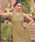 KC Mustard Bandhani Printed Heavy Emrboidery Worked Sharara Suit Ethnic Wear | Grocsy