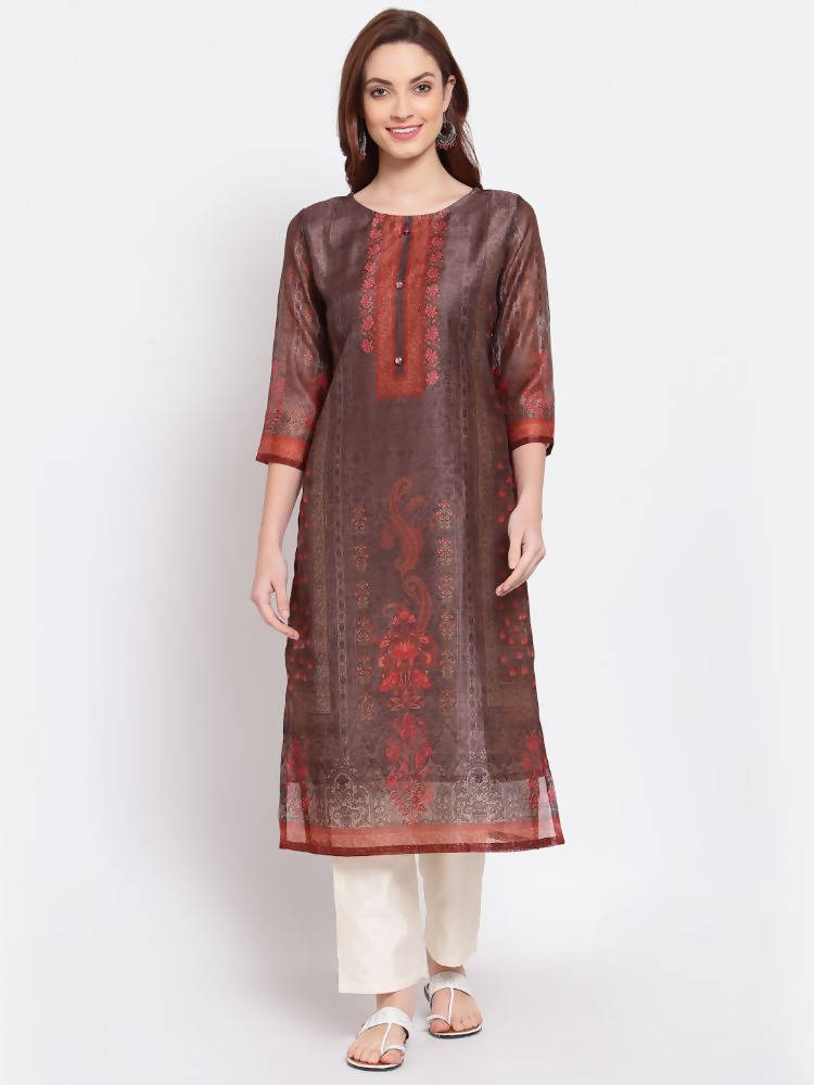 Myshka Women's Multi Printed Chanderi Silk 3/4 Sleeve Round Neck Casual Kurta | Grocsy