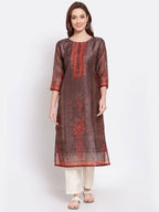 Myshka Women's Multi Printed Chanderi Silk 3/4 Sleeve Round Neck Casual Kurta | Grocsy