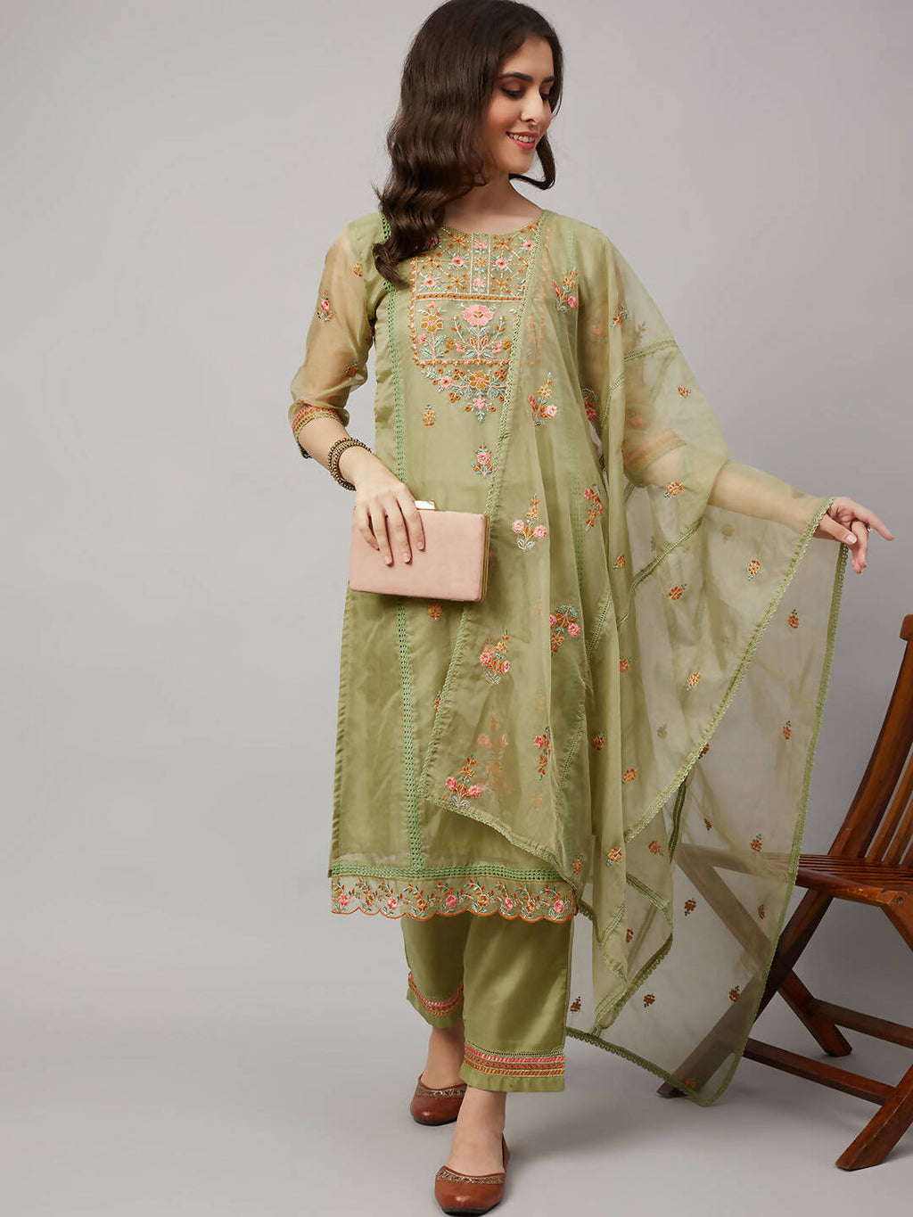 Green Organza Embroidered Kurta with Bottom & Dupatta - Salimar | Grocsy