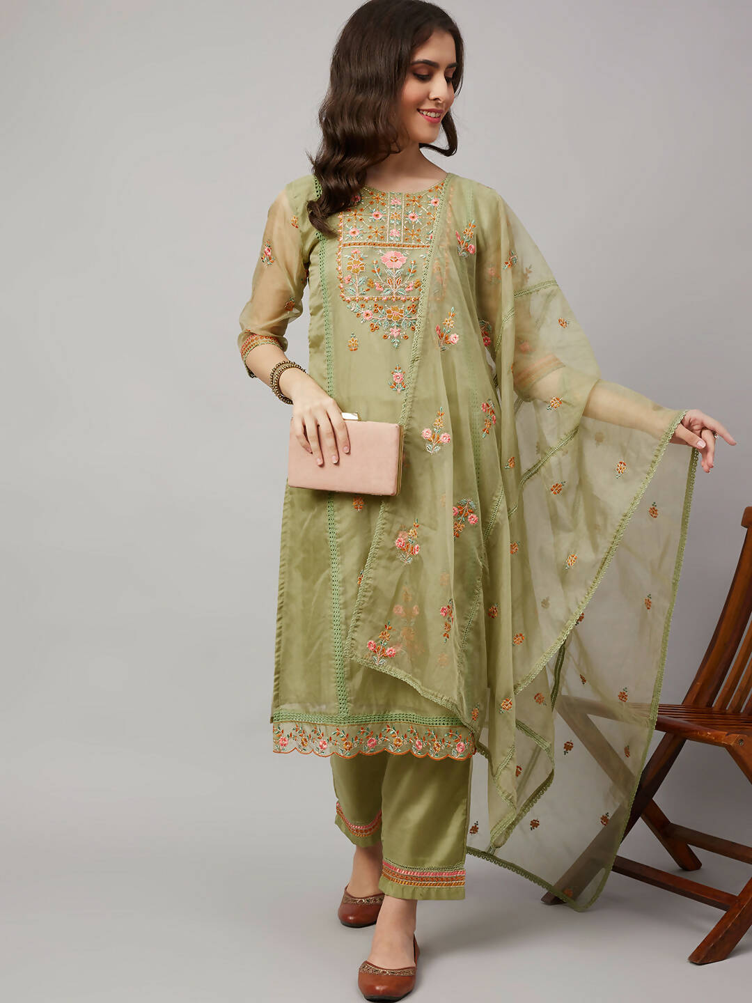 Green Organza Embroidered Kurta with Bottom & Dupatta - Salimar | Grocsy