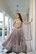 Eilara Glamorous Light Dusty Brown Butterfly Net With Thread And Sequins Embroidered Work Lehenga Choli | Grocsy