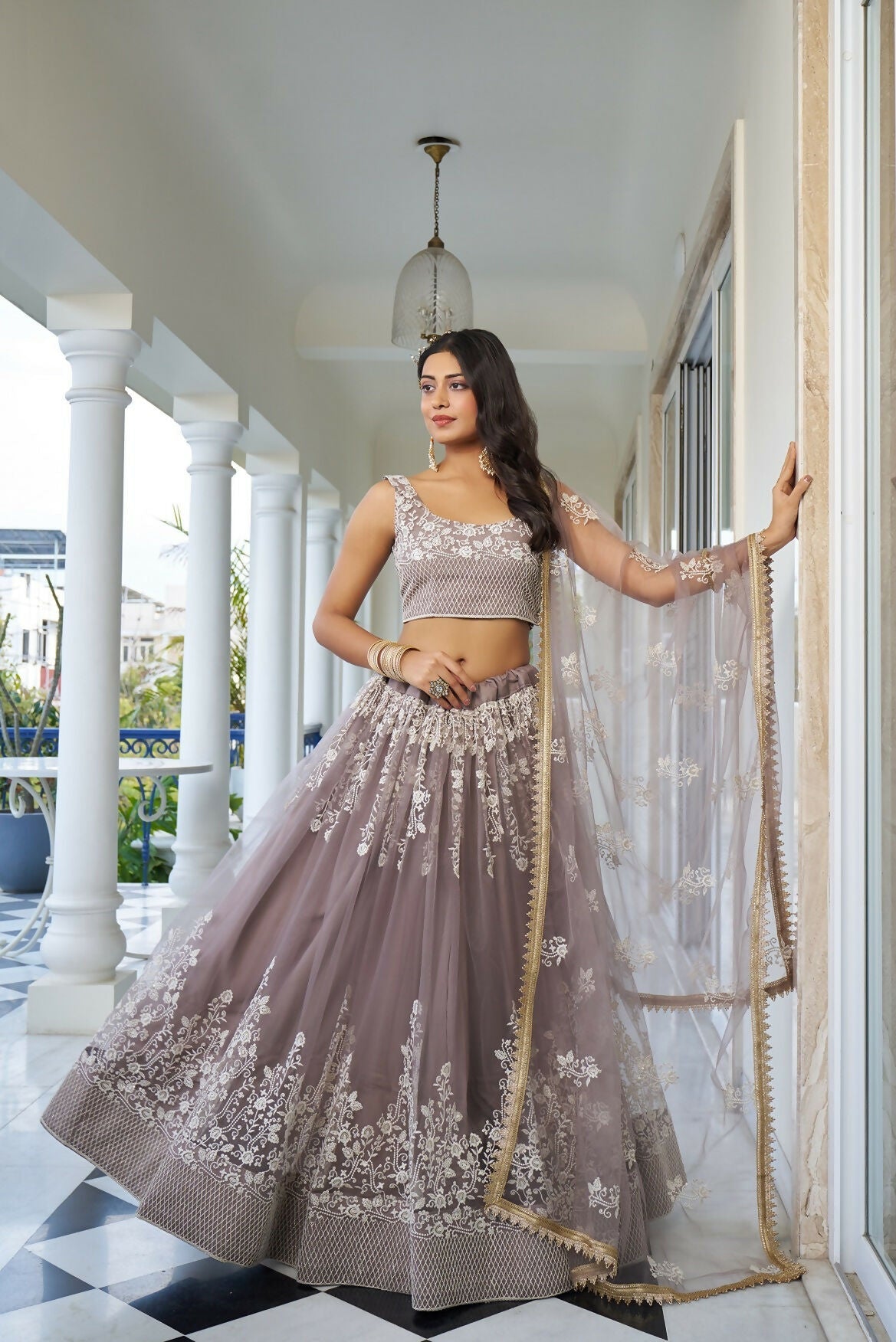 Eilara Glamorous Light Dusty Brown Butterfly Net With Thread And Sequins Embroidered Work Lehenga Choli | Grocsy