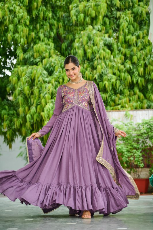 Lehenga Mart Premium Readymade Gown With Dupatta Set For Women-Lavender | Grocsy