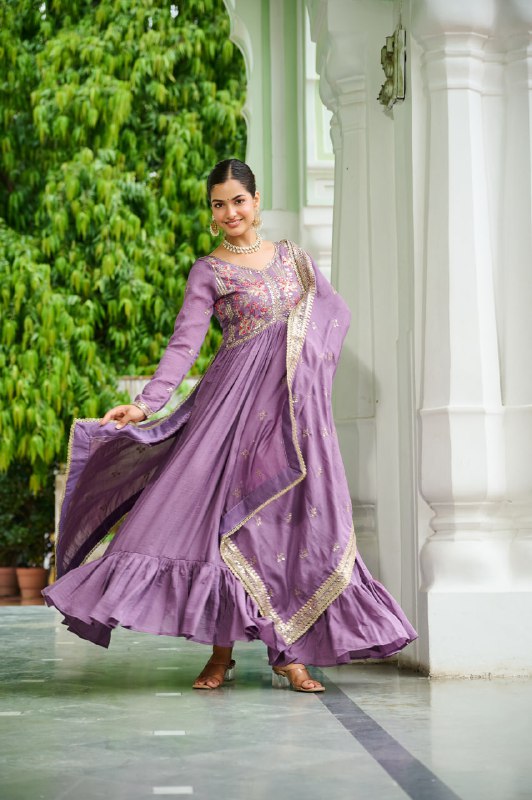 Lehenga Mart Premium Readymade Gown With Dupatta Set For Women-Lavender | Grocsy