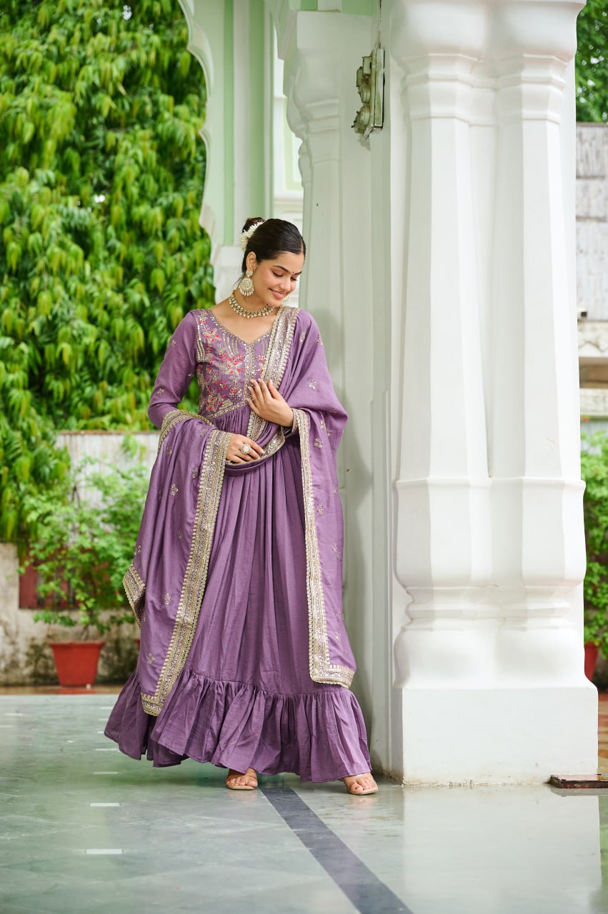 Lehenga Mart Premium Readymade Gown With Dupatta Set For Women-Lavender | Grocsy
