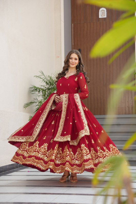 Lehenga Mart Premium Readymade Gown With Dupatta Set For Women-Maroon | Grocsy