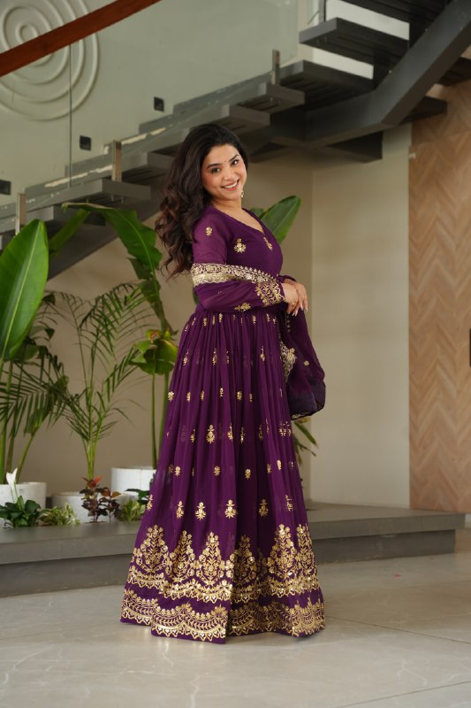 Lehenga Mart Premium Readymade Gown With Dupatta Set For Women-Purple | Grocsy