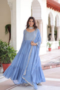 Lehenga Mart Premium Readymade Gown With Dupatta Set For Women-Sky Blue | Grocsy