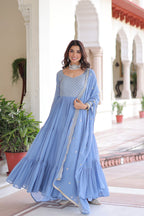 Lehenga Mart Premium Readymade Gown With Dupatta Set For Women-Sky Blue | Grocsy