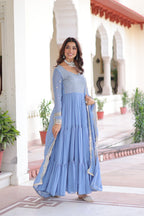 Lehenga Mart Premium Readymade Gown With Dupatta Set For Women-Sky Blue | Grocsy