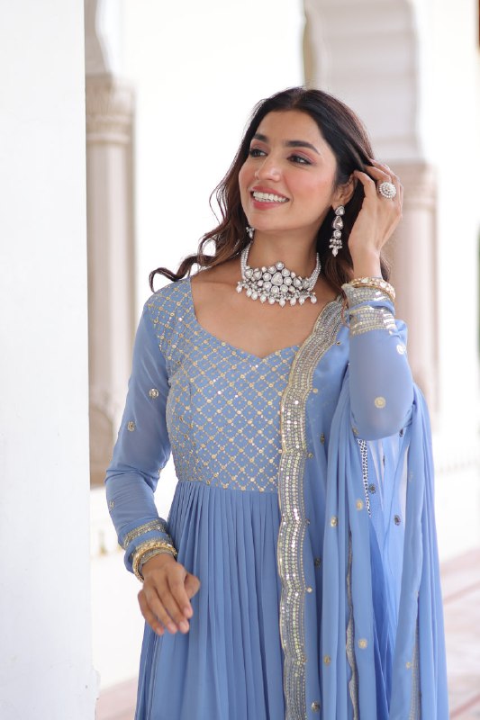 Lehenga Mart Premium Readymade Gown With Dupatta Set For Women-Sky Blue | Grocsy