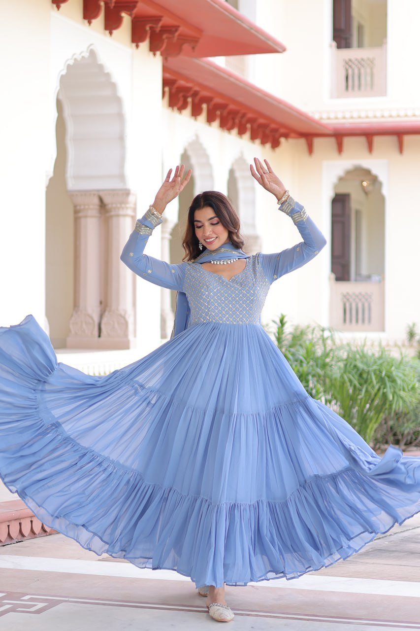 Lehenga Mart Premium Readymade Gown With Dupatta Set For Women-Sky Blue | Grocsy
