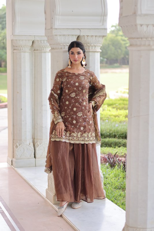 Lehenga Mart Premium Readymade Top Sharara With Dupatta Set For Women-Coffee | Grocsy