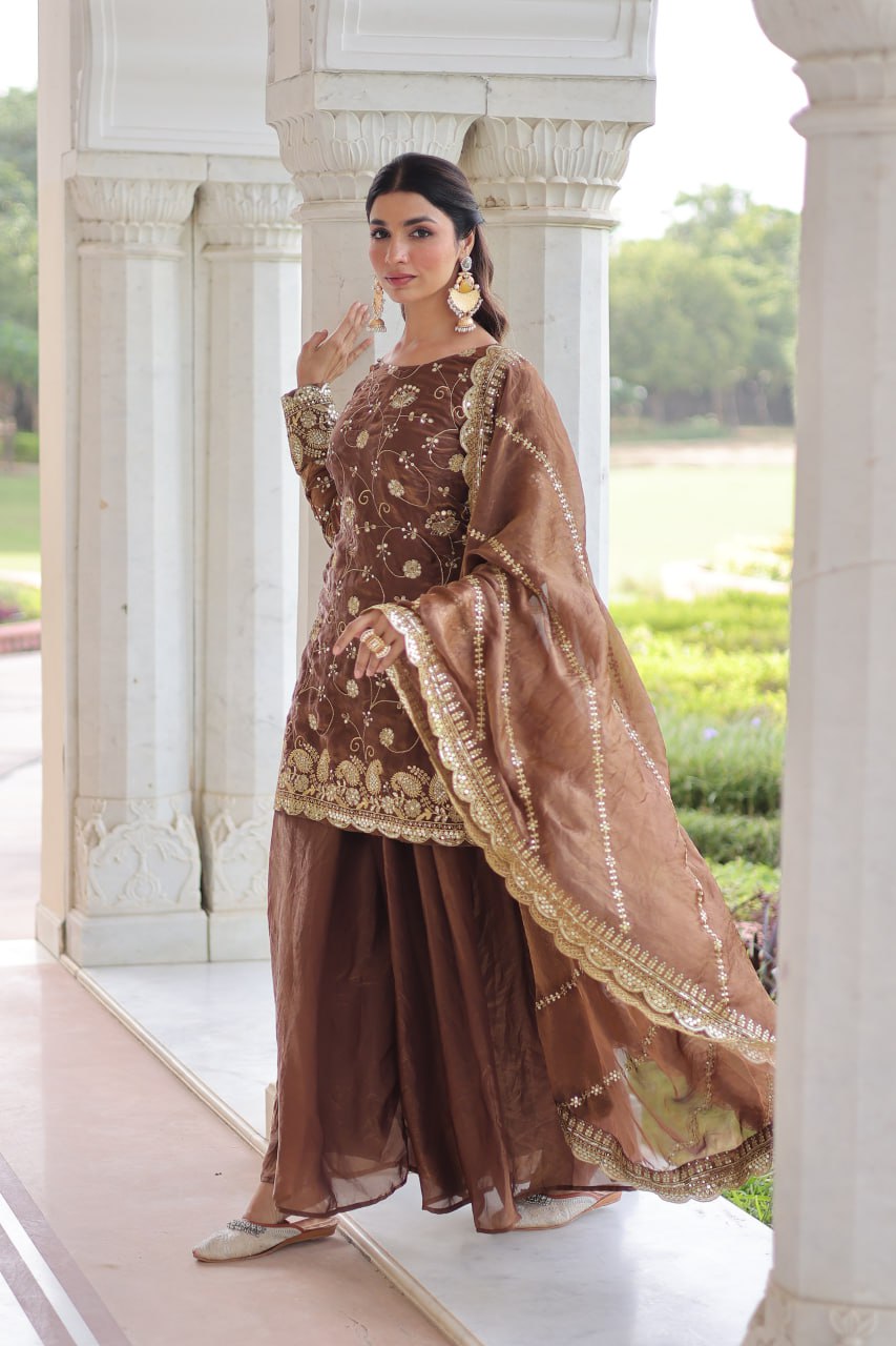 Lehenga Mart Premium Readymade Top Sharara With Dupatta Set For Women-Coffee | Grocsy