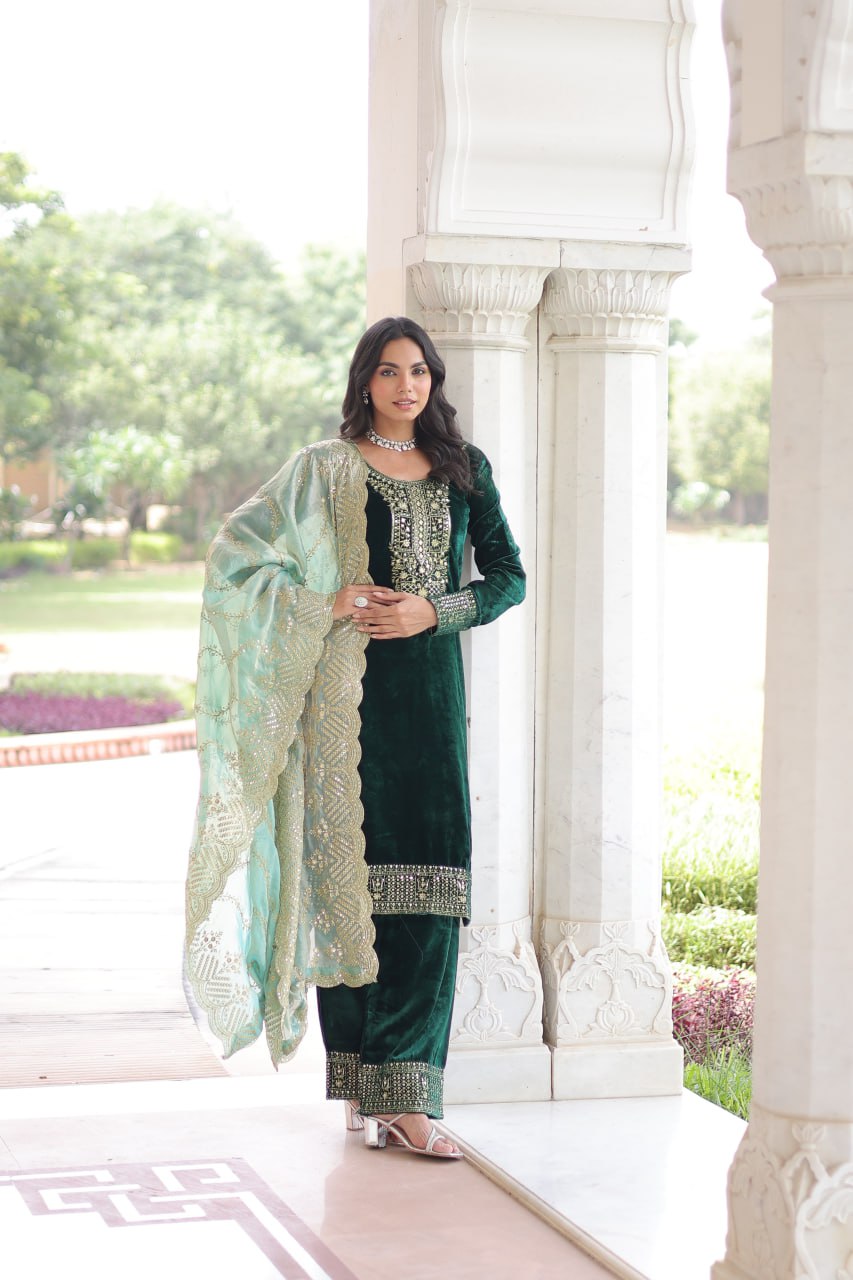 Lehenga Mart Designer Velvet Ready To Wear Kurta Pant With Dupatta For Women-Green | Grocsy