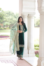 Lehenga Mart Designer Velvet Ready To Wear Kurta Pant With Dupatta For Women-Green | Grocsy