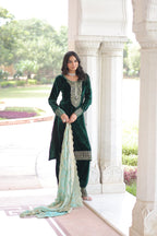 Lehenga Mart Designer Velvet Ready To Wear Kurta Pant With Dupatta For Women-Green | Grocsy