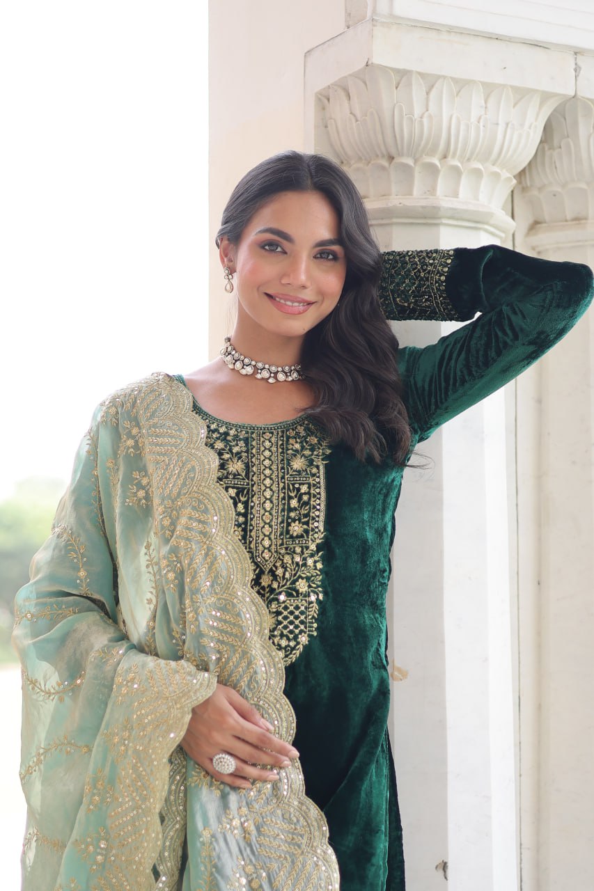 Lehenga Mart Designer Velvet Ready To Wear Kurta Pant With Dupatta For Women-Green | Grocsy