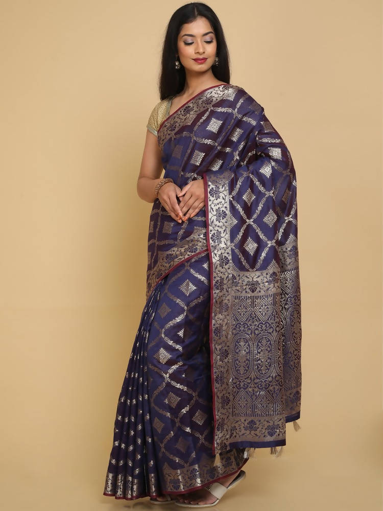 Kalamandir Checked Violet Silk Blend Saree | Grocsy