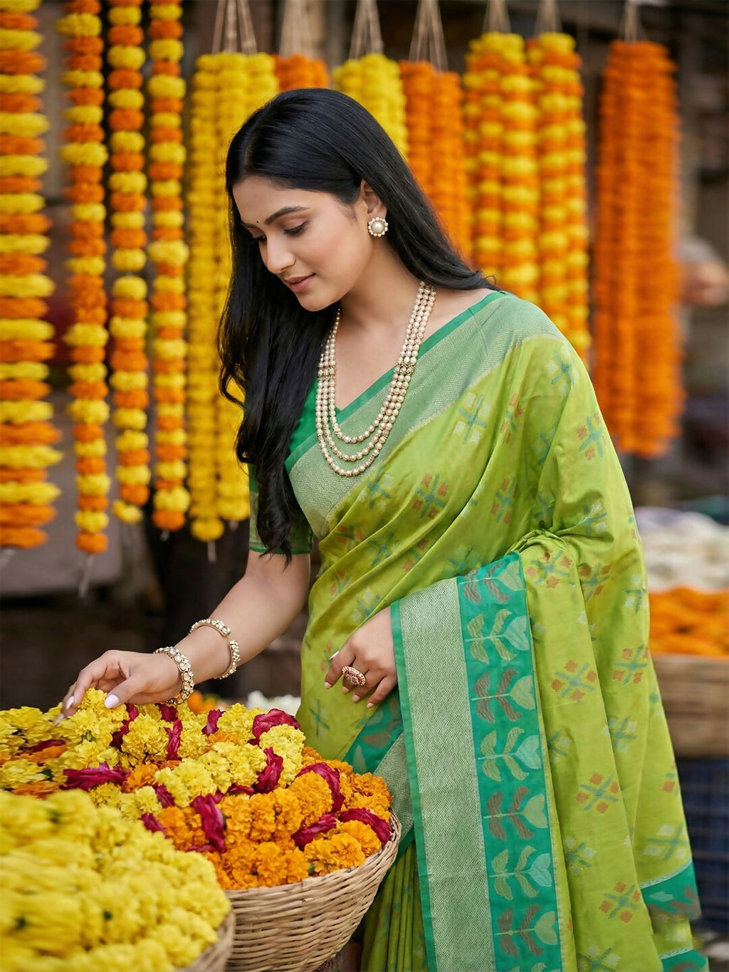 Shree Shyam Fashion Light Green Pochampally Silk Saree | Grocsy