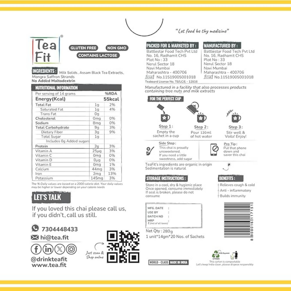 TeaFit Premium NO SUGAR Instant Saffron Tea Premix | Grocsy