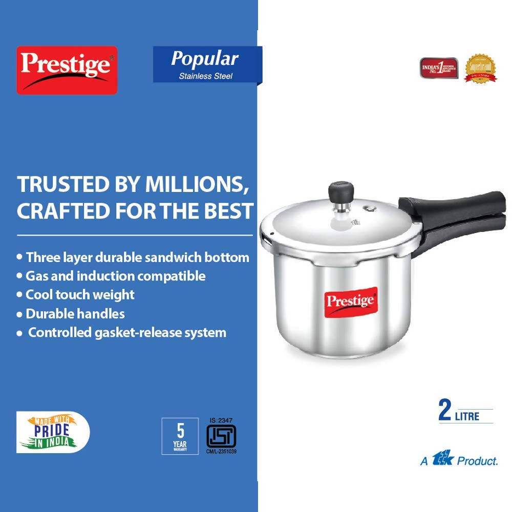 Prestige Popular Stainless Steel Pressure Cooker, Silver Color | Grocsy
