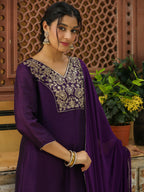 Janasya Purple Silk Blend Yoke Embroidery Kurta,Bottom & Dupatta | Grocsy