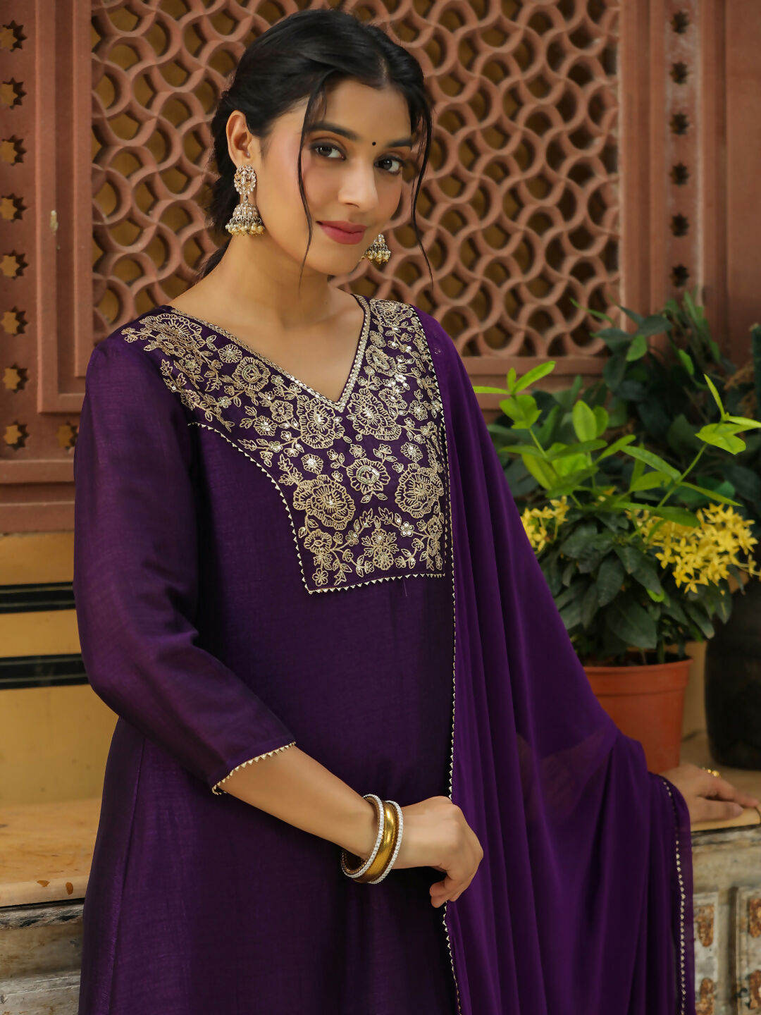 Janasya Purple Silk Blend Yoke Embroidery Kurta,Bottom & Dupatta | Grocsy