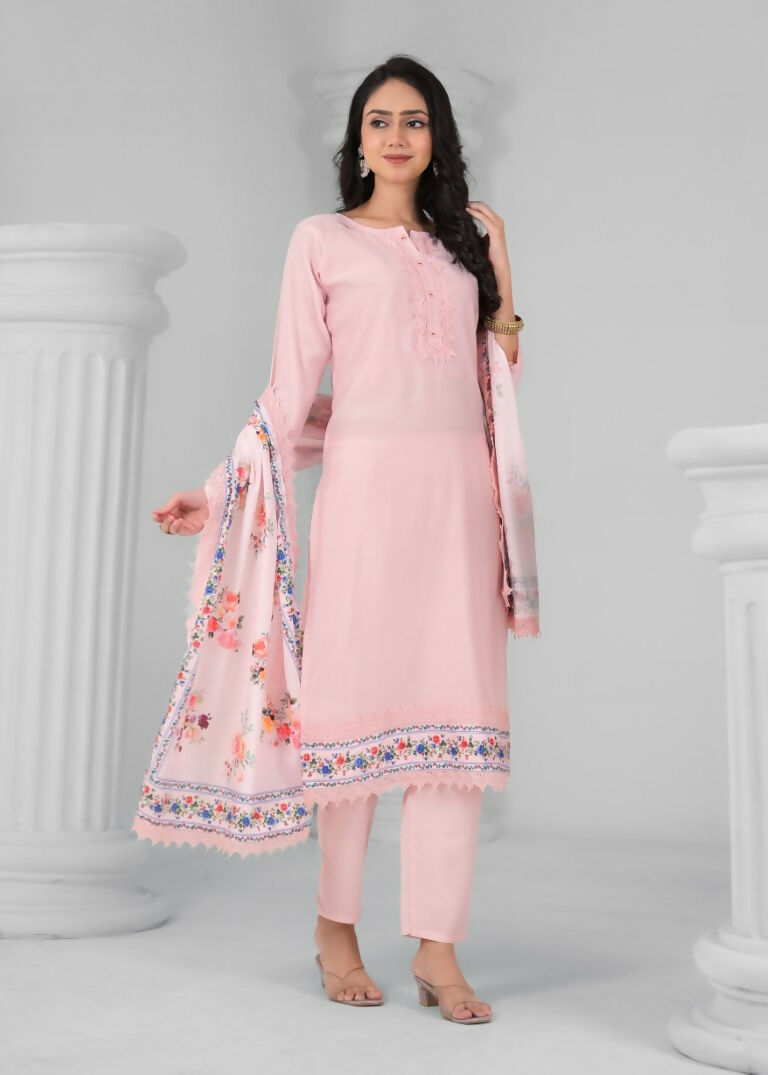 Ethnic Festive Wear Chanderi Viscose Light Peach Stitched Suit With Dupatta - Tanisha | Grocsy