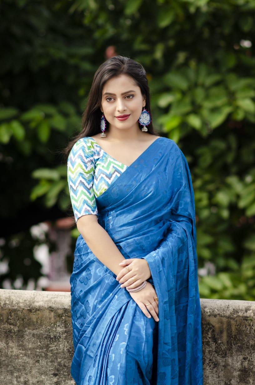 Blue Silk Blend Ethnic Motifs Saree with Unstitched Blouse - A2M | Grocsy