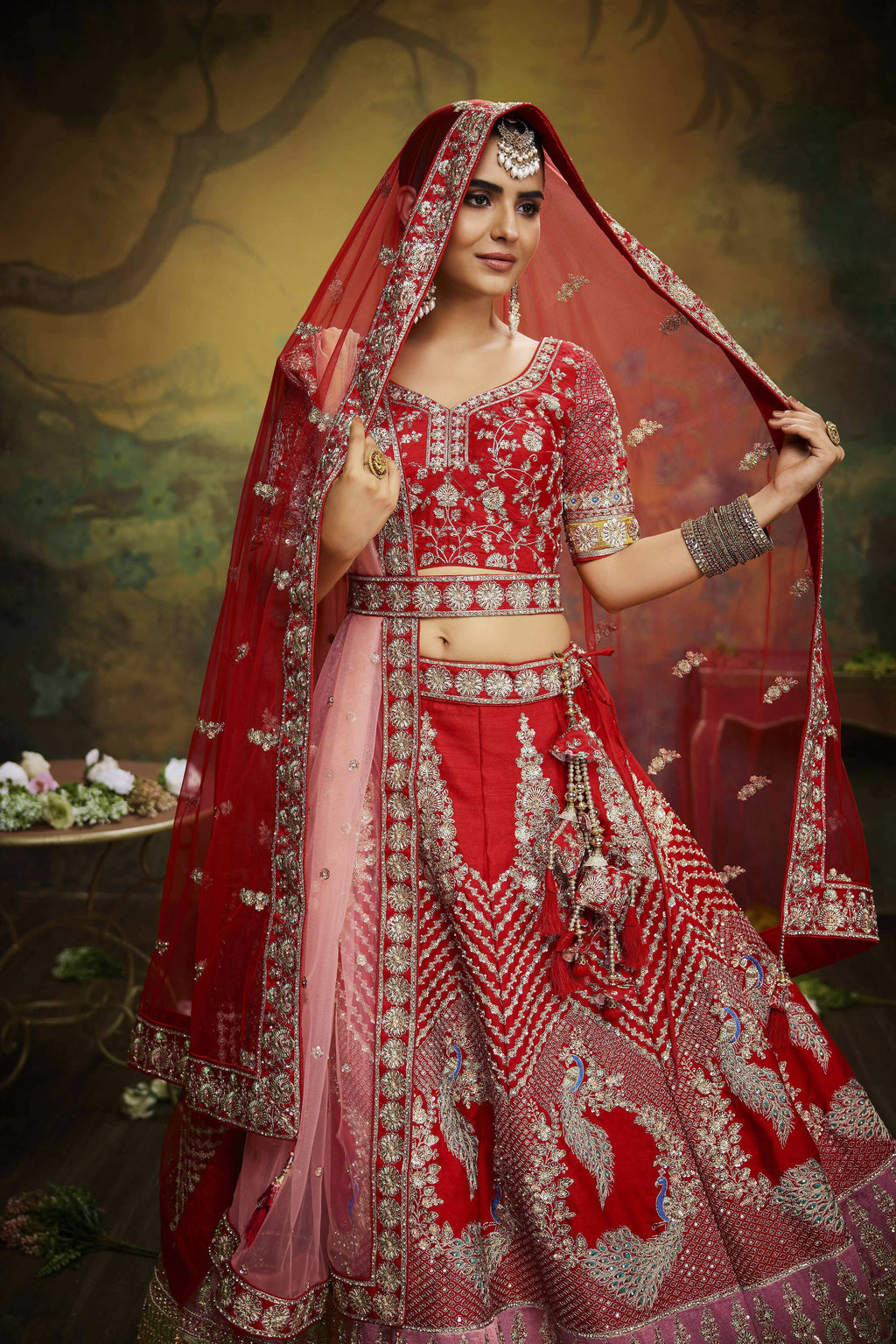 House of Panchhi Red Pure Silk Moti & Zarkan heavy embroidery Lehenga choli & Dupatta | Grocsy