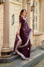Vastranavya Wine Embroidery Work Shimmer Chiffon Saree with Unstitched Blouse | Grocsy